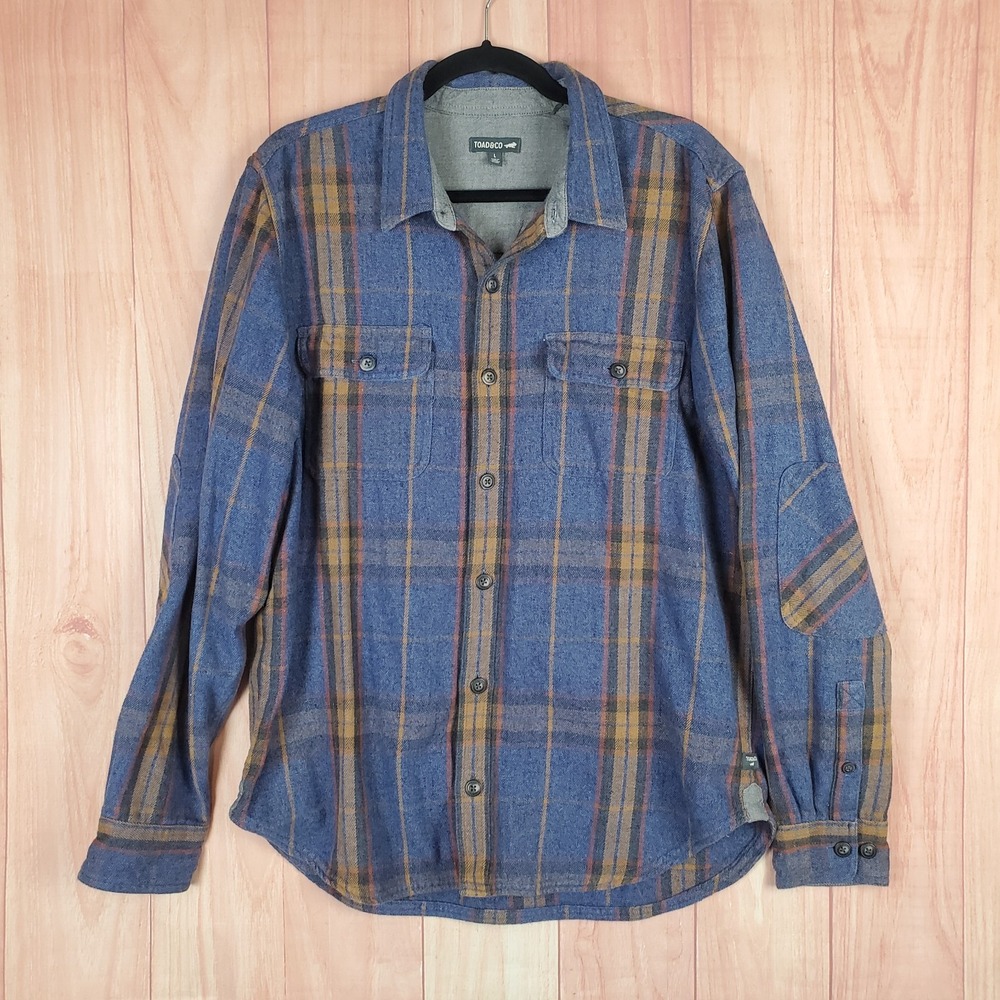 Toad & Co Mens Flannel Shirt Large Blue Plaid Long Sleeve Collared Button Up